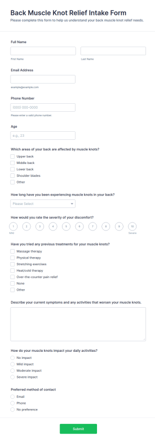 Back Muscle Knot Relief Form Template