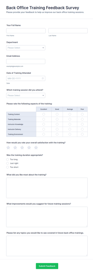 Back Office Training Feedback Survey Form Template
