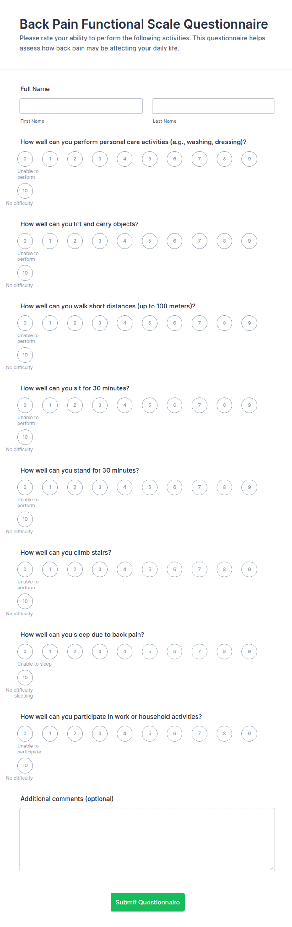 Back Pain Functional Scale Questionnaire Form Template | Jotform
