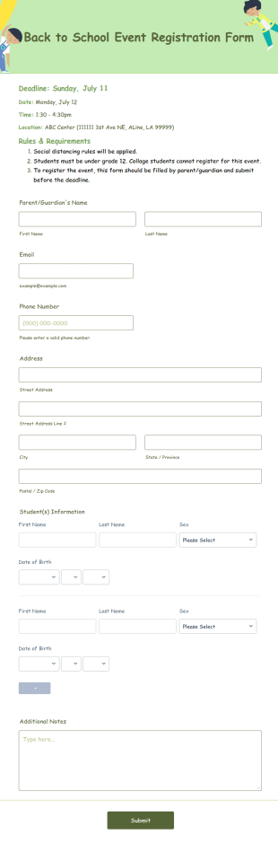 Back To School Event Registration Form Template