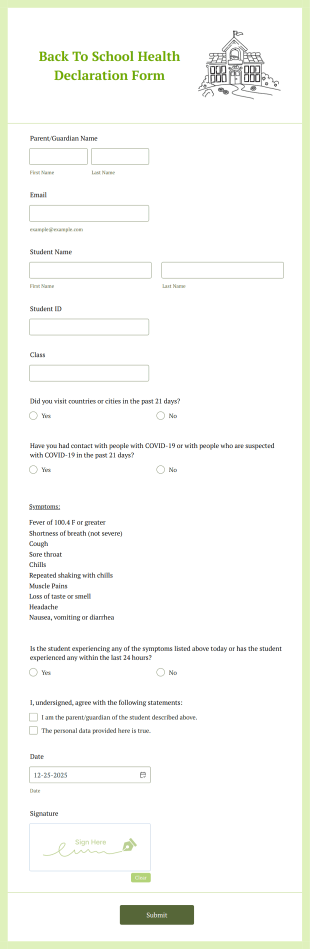 Back To School Health Declaration Form Template