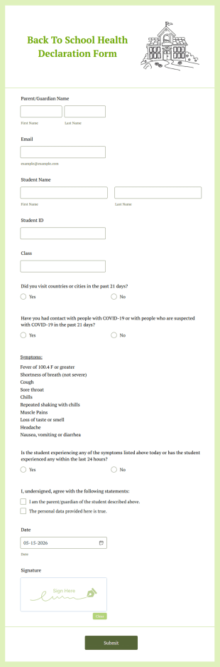 Back To School Health Declaration Form Template
