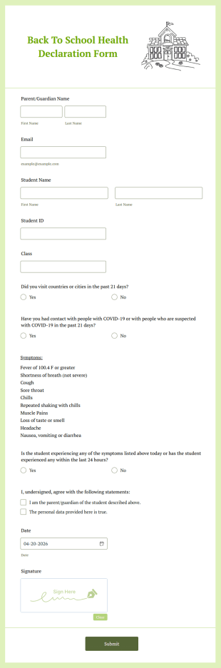Back To School Health Declaration Form Template
