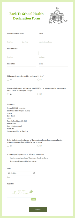 Back To School Health Declaration Form Template