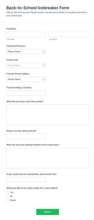 Back To School Icebreaker Form Template