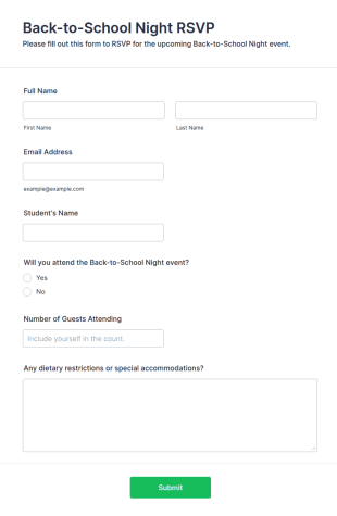 Back To School Night RSVP Form Template