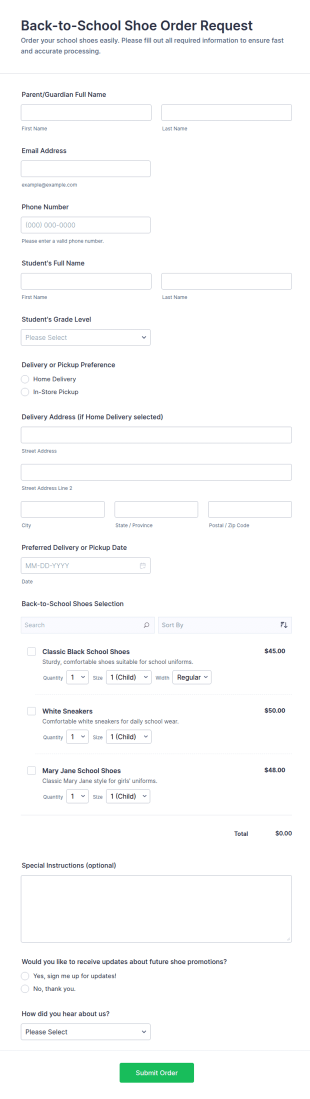 Back To School Shoe Order Request Form Template