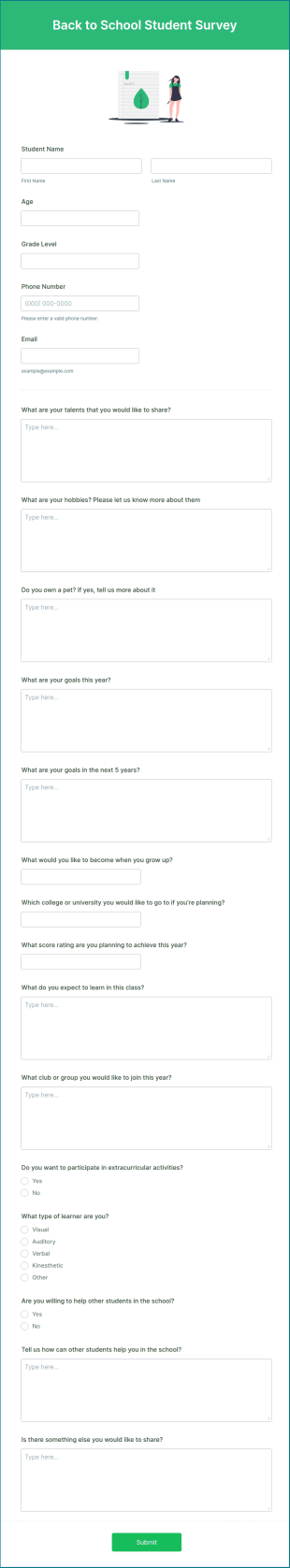 Back To School Student Survey Form Template