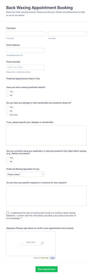 Back Waxing Appointment Booking Form Template