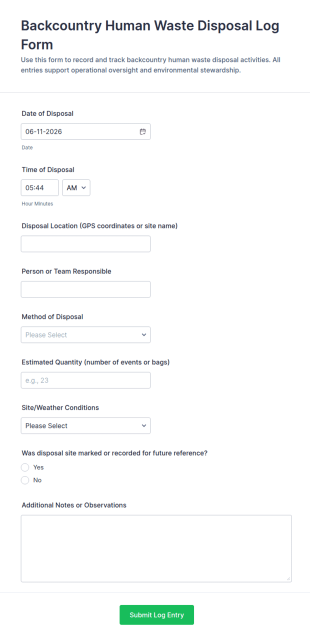 Backcountry Human Waste Disposal Log Form Template