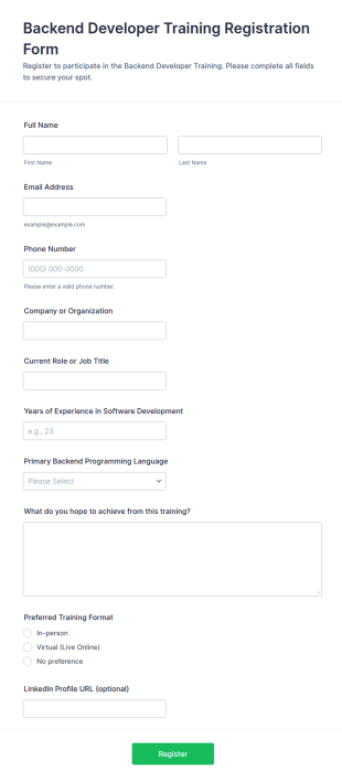 Backend Developer Training Registration Form Template