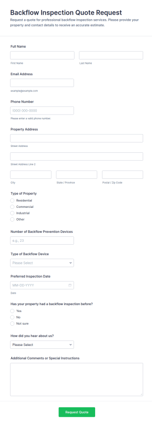 Backflow Inspection Quote Request Form Template
