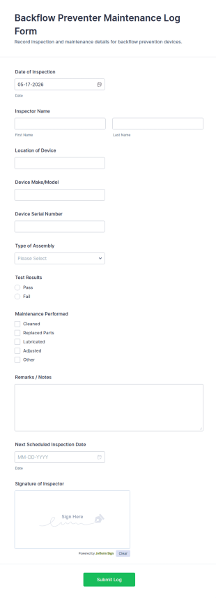 Backflow Preventer Maintenance Log Form Template