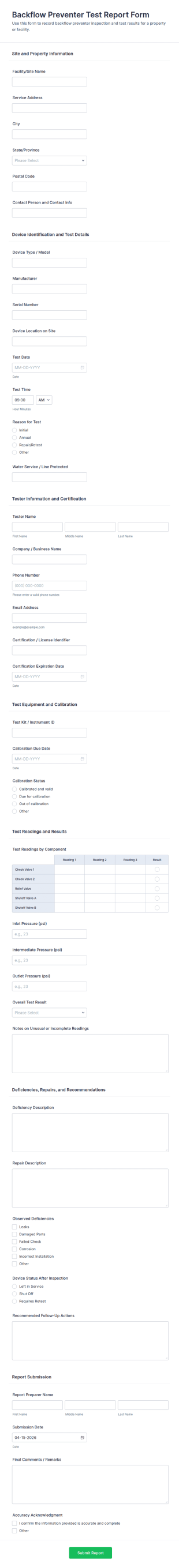 Backflow Preventer Test Report Form Template