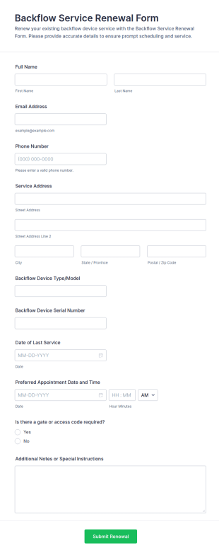 Backflow Service Renewal Form Template