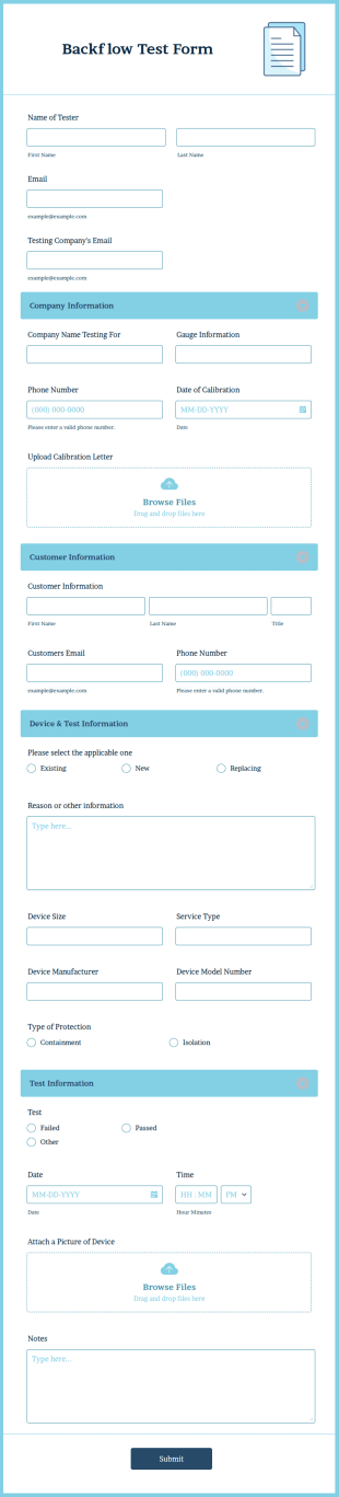Backflow Test Form Template