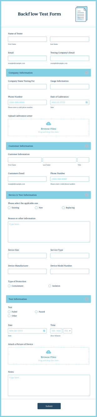Backflow Test Form Template