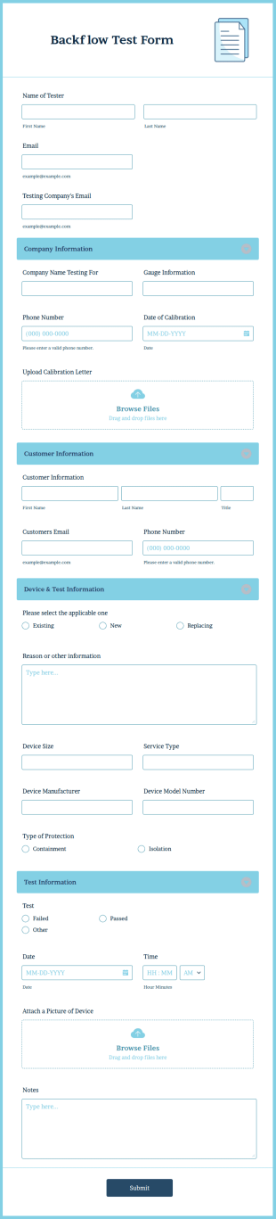 Backflow Test Form Template