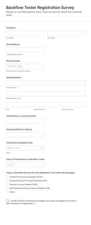 Backflow Tester Registration Survey Form Template
