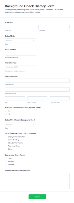 Background Check History Form Template