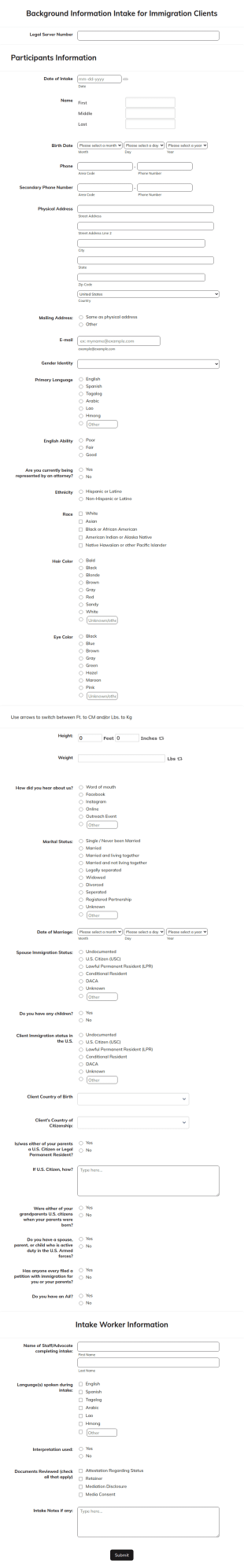 Background Information Intake For Immigration Clients Form Template