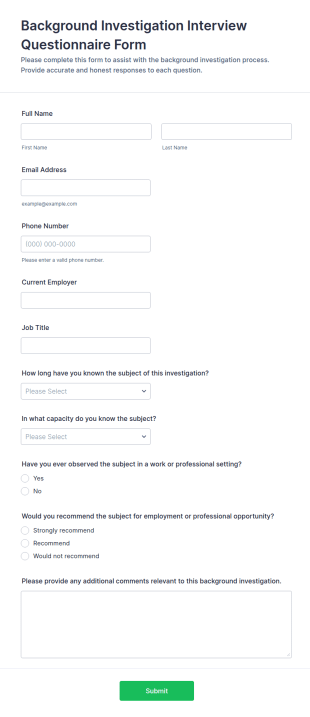 Background Investigation Interview Questionnaire Form Template