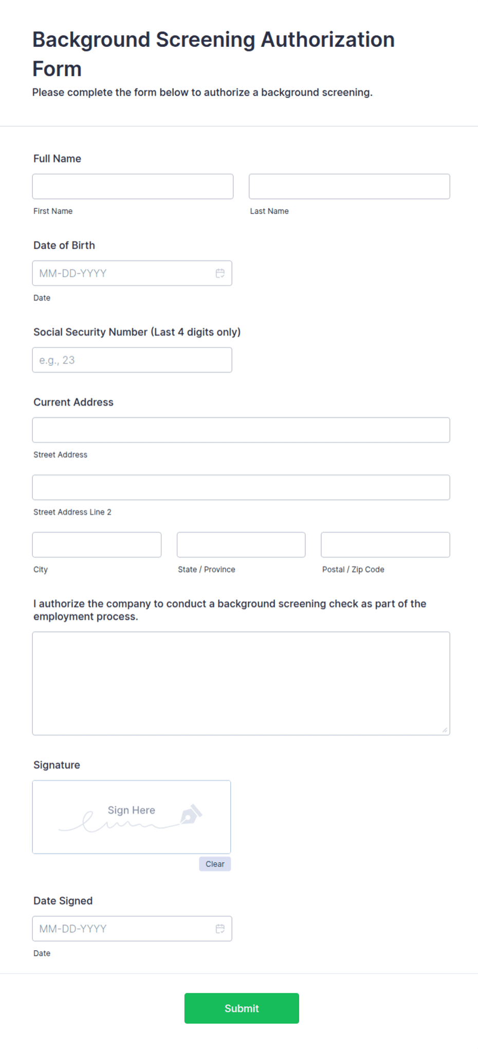 Background Screening Authorization Form Template | Jotform