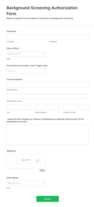 Background Screening Authorization Form Form Template
