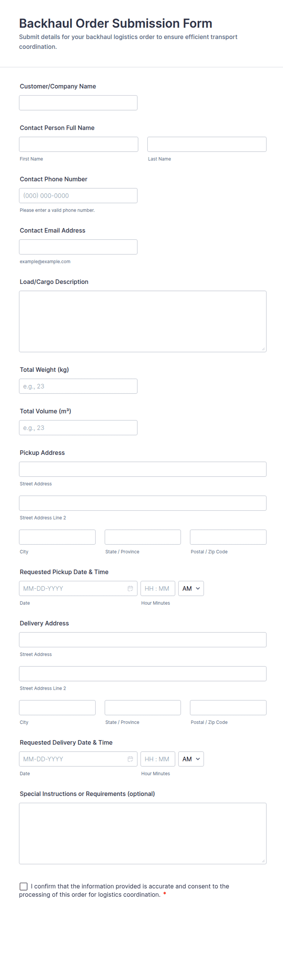 Backhaul Order Submission Form Template | Jotform