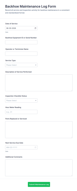 Backhoe Maintenance Log Form Template