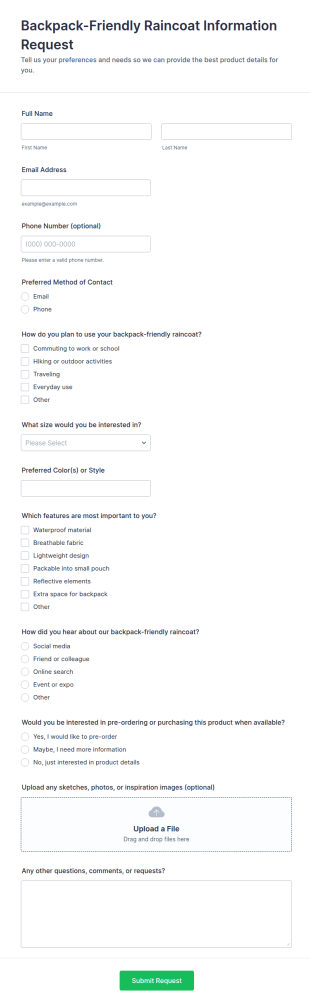 Backpack Friendly Raincoat Information Request Form Template
