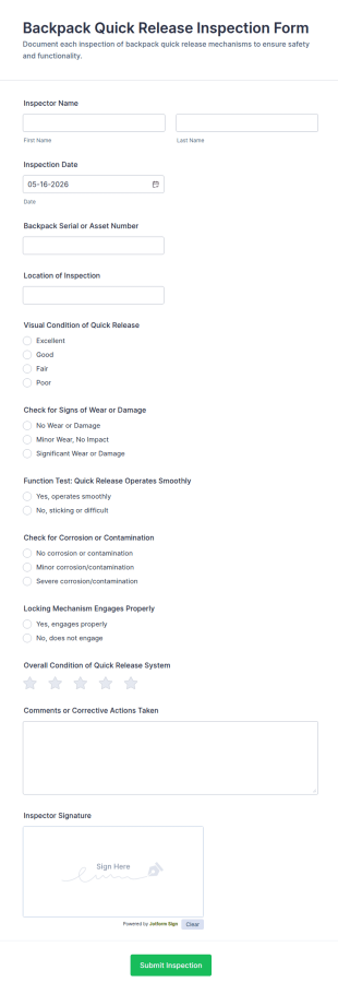 Backpack Quick Release Inspection Form Template