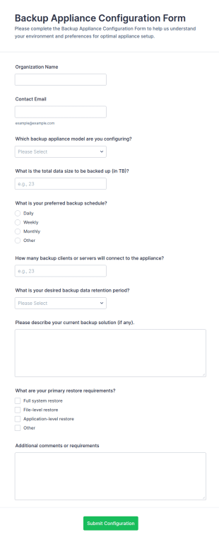 Backup Appliance Configuration Quiz Form Template