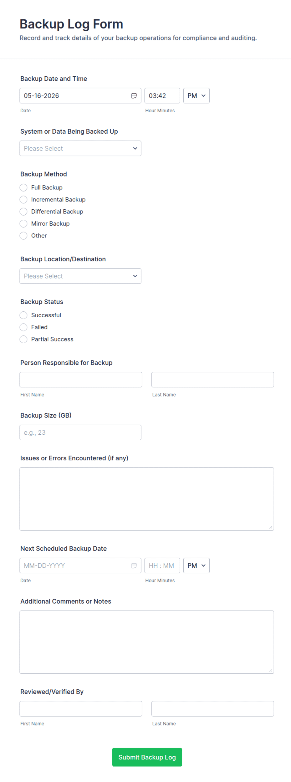 Form Backup Backup Log Form Template | Jotform