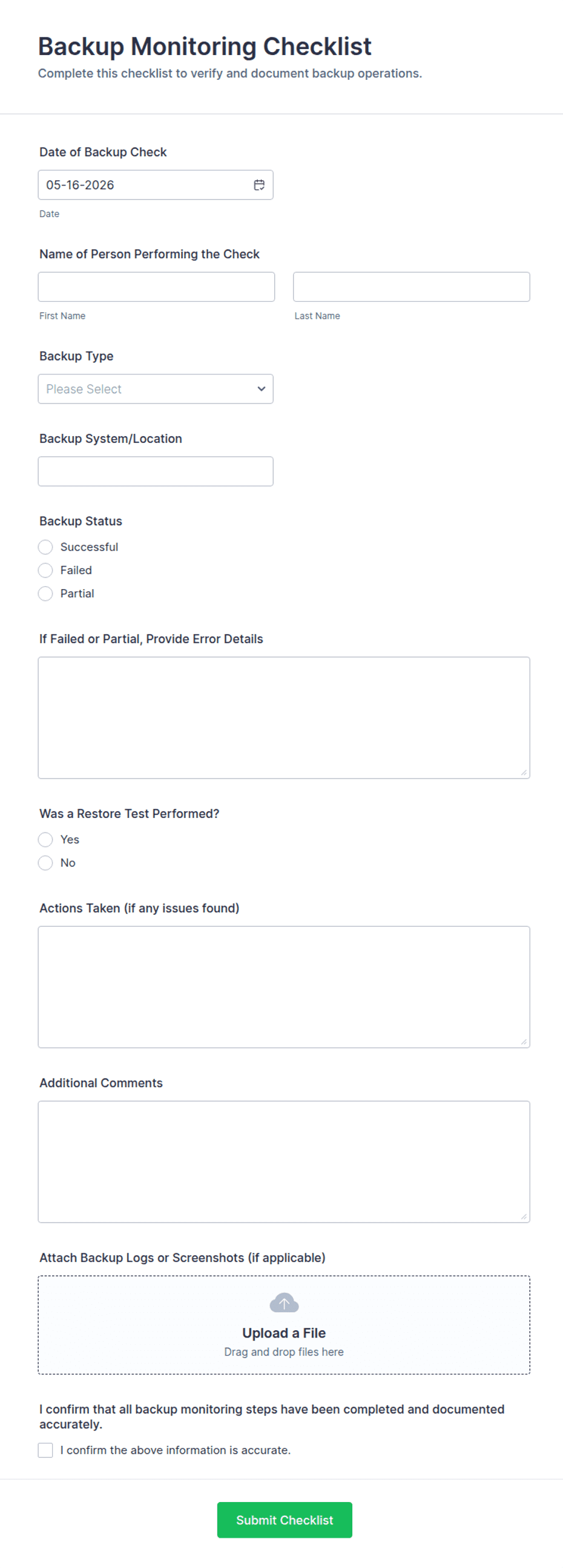 Backup Monitoring Checklist Form Template | Jotform