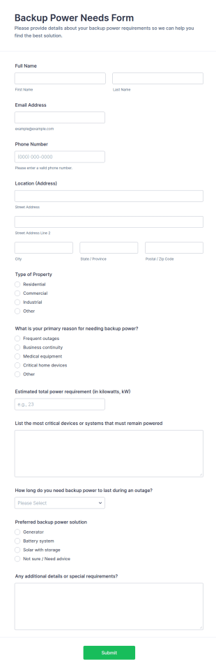 Backup Power Needs Survey Form Template