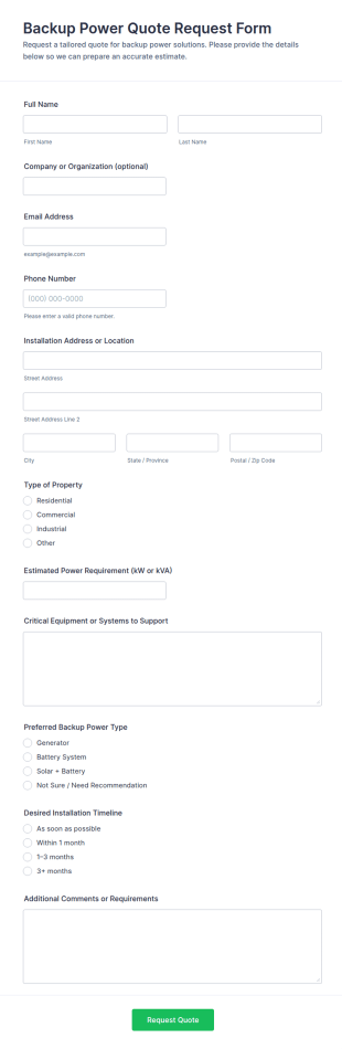 Backup Power Quote Request Form Template