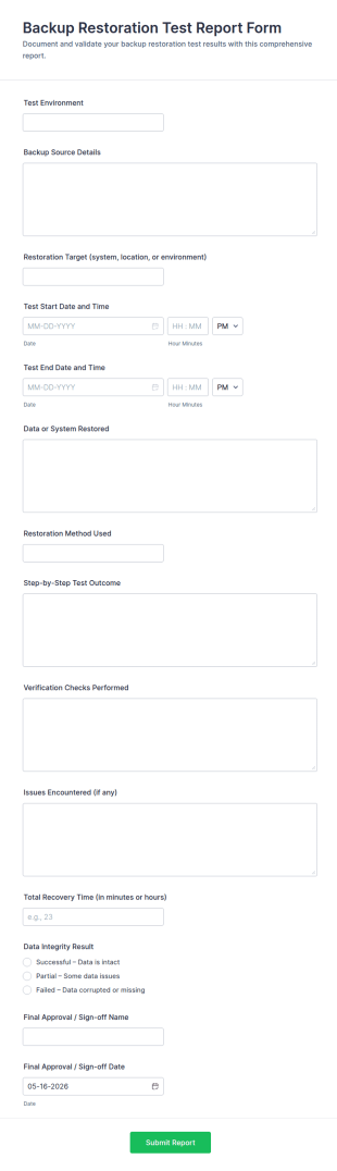 Backup Restoration Test Report Form Template