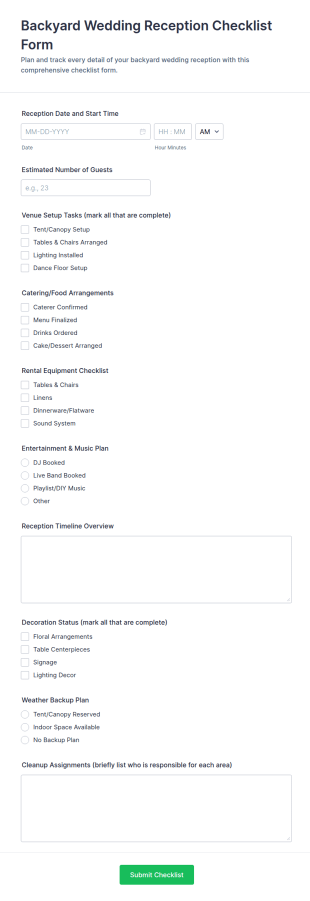 Backyard Wedding Reception Checklist Form Template