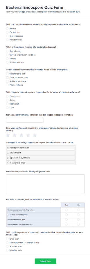 Bacterial Endospore Quiz Form Template