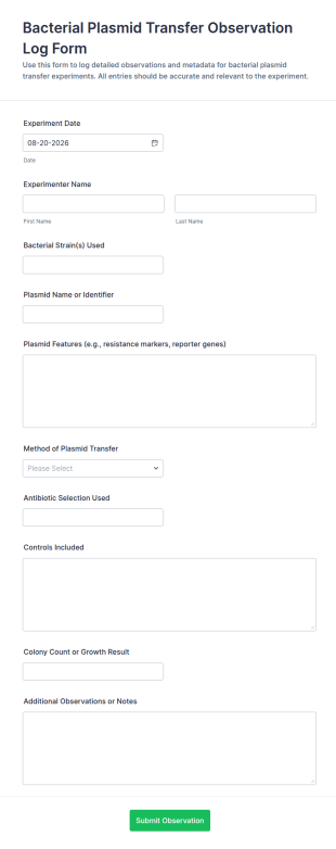 Bacterial Plasmid Transfer Observation Log Form Template