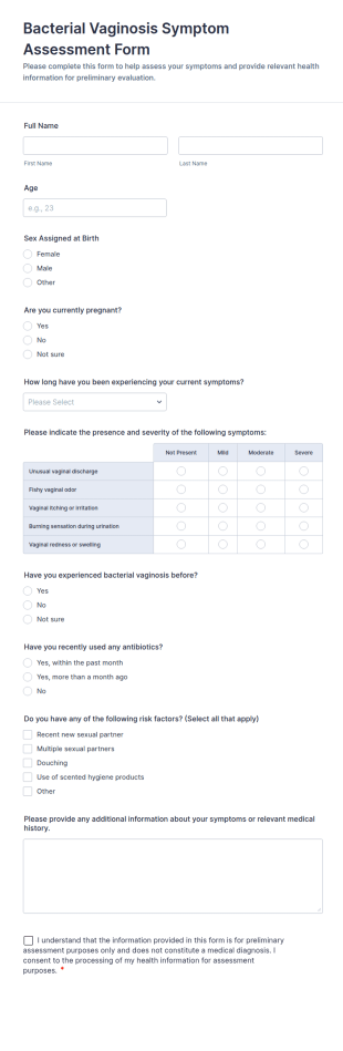 Bacterial Vaginosis Symptom Assessment Form Template