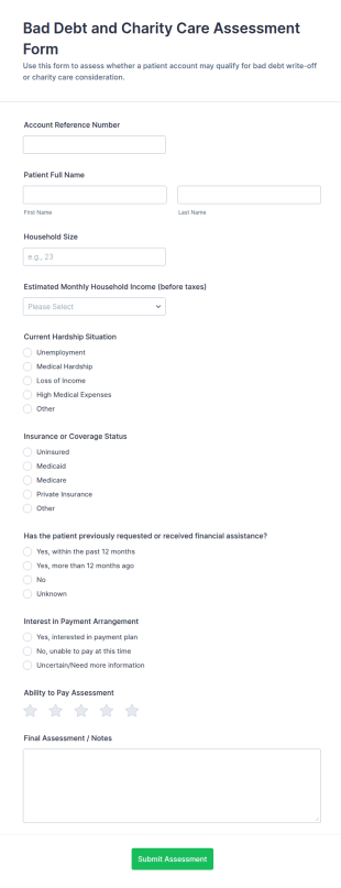 Bad Debt And Charity Care Assessment Form Template