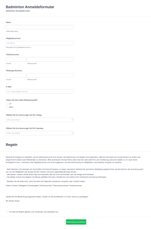 Badminton Anmeldeformular Form Template