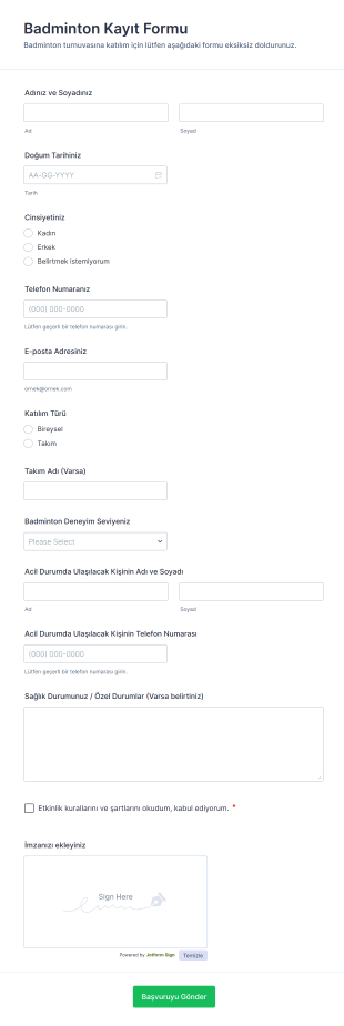 Badminton Kayıt Form Şablonu