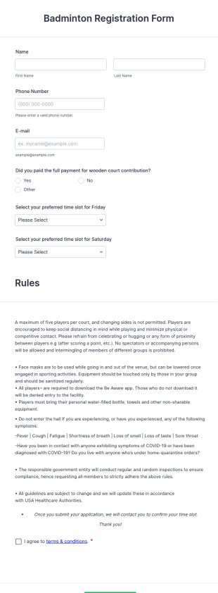 Badminton Registration Form Template