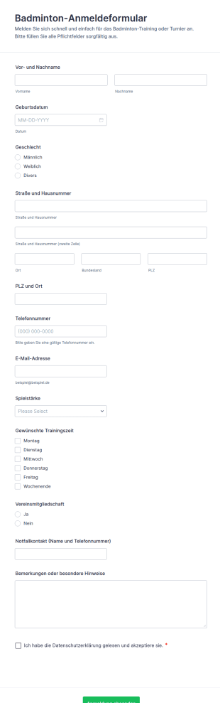 Badminton Registrierungsformular