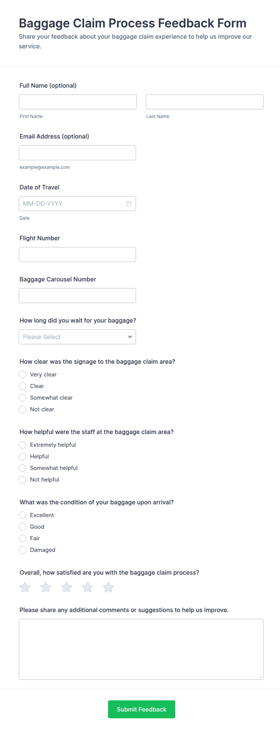 Baggage Claim Process Feedback Form Template | Jotform