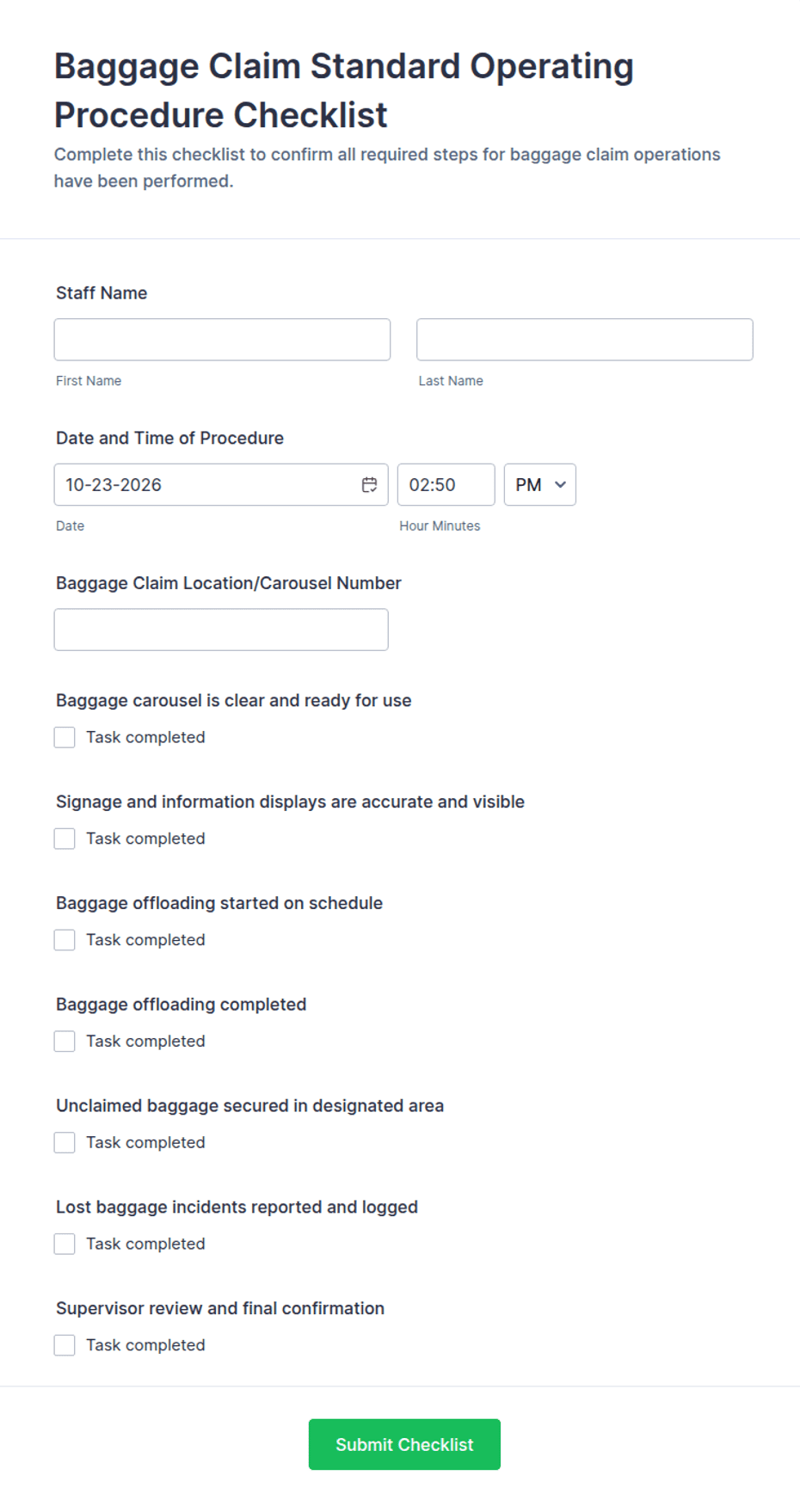 Baggage Claim Standard Operating Procedure Checklist Form Template ...