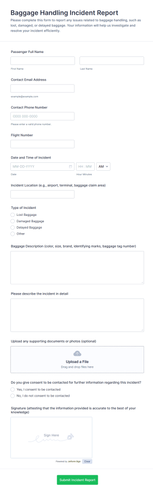 Baggage Handling Incident Report Form Template